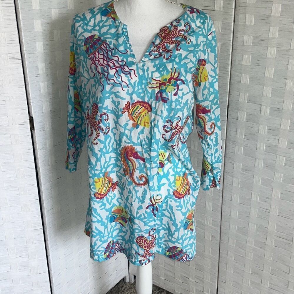 Gretchen Scott Notched Neck Tunic Aquatic Life  Medium ￼